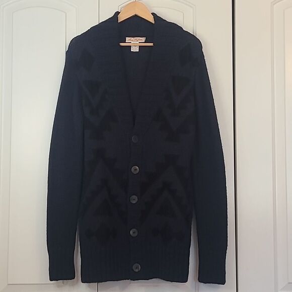 Mara Hoffman Wool Leather Appliqué Button Front Cardigan Sweater Navy Black Sz S - Picture 2 of 13